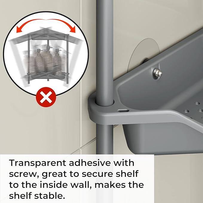 ODesign 2 Tier Floor Standing Corner Shower Caddy Organizer Plastic Metal Splicing Shelf Storage Rack for Bathroom Grey - Rustproof