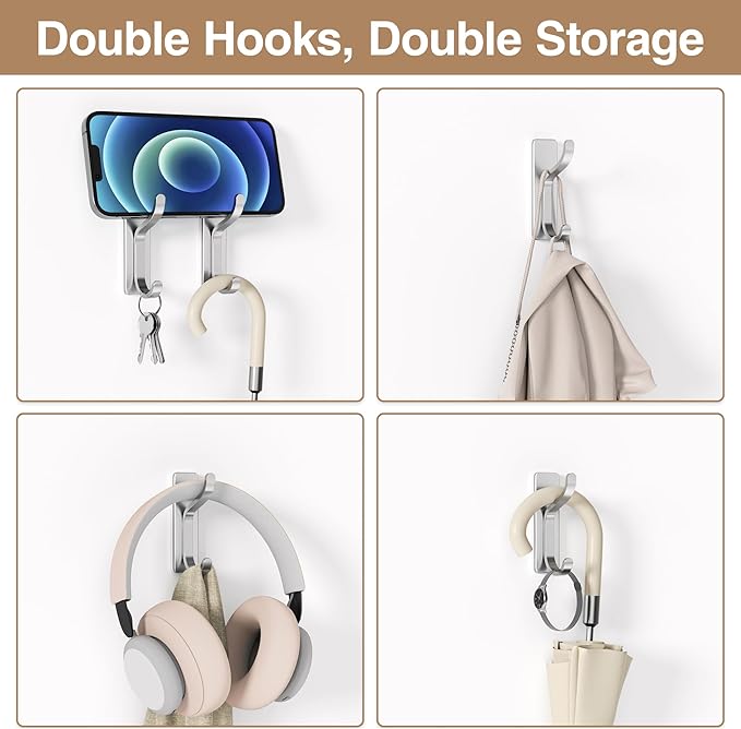 pickpiff Adhesive Wall Coat Hooks - Heavy Duty Stick-On Door Hanger, Metal Hook for Hanging Towel,Purse, Robe, Backpack, Jacket, Clothes - for Bathroom,Dorm, Closet, Kitchen - Silver, 6 Pack