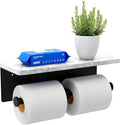 Toilet Paper Holder with Natural Marble Shelf for Bathroom Washroom,Wall Mounted Tissue Holder Suitable for Mega Roll (Matte Black, Large 11.8 * 4.7)