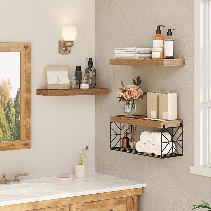 Bathroom Shelves Over Toilet Set of 3, Floating Shelves for Wall Toilet Paper Storage, 1.5" Thick Hanging Shelf, Farmhouse Wall Decor for Bathroom Living Room, Kitchen, Rustic Brown 4001BJBF