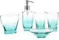 Teal Glass Bathroom Accessories Set 5 Pieces – Green Bathroom Set with Soap Dispenser, Toothbrush Holder, 2 Tumbler Cups, Soap Dish