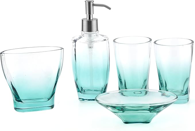 Teal Glass Bathroom Accessories Set 5 Pieces – Green Bathroom Set with Soap Dispenser, Toothbrush Holder, 2 Tumbler Cups, Soap Dish
