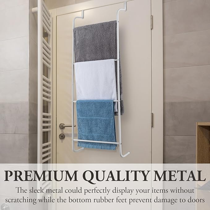 MyGift 4 Rung White Metal Ladder Over The Door Towel Rack - Bathroom Towel Holder, Space Saving Over Shower Door Drying Rack for Towels & Blankets