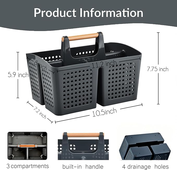 Portable Shower Caddy Basket with Compartments, Plastic Divided Cleaning Caddy Organizer Storage Tote with Handle for Bathroom, College, Dorm Room Essentials, Dark Gray