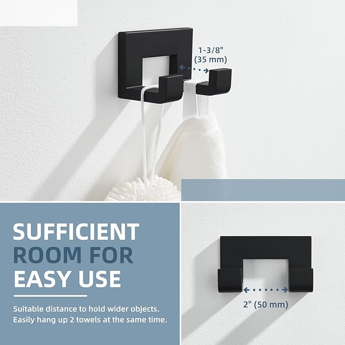 Angle Simple Double Towel Hook, Stainless Steel Bathroom Hand Towel Holder, Wall Coat Double Hook, Matte Black