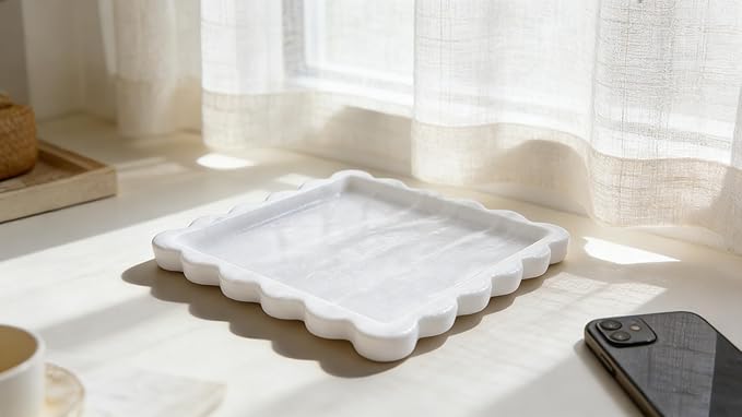 Luxurious White Marble Decorative Tray with Scalloped Edge, Elegant Serving and Vanity Organizer for Bathroom, Kitchen, Bar Display 7.8" L*7.8" W*0.7" H