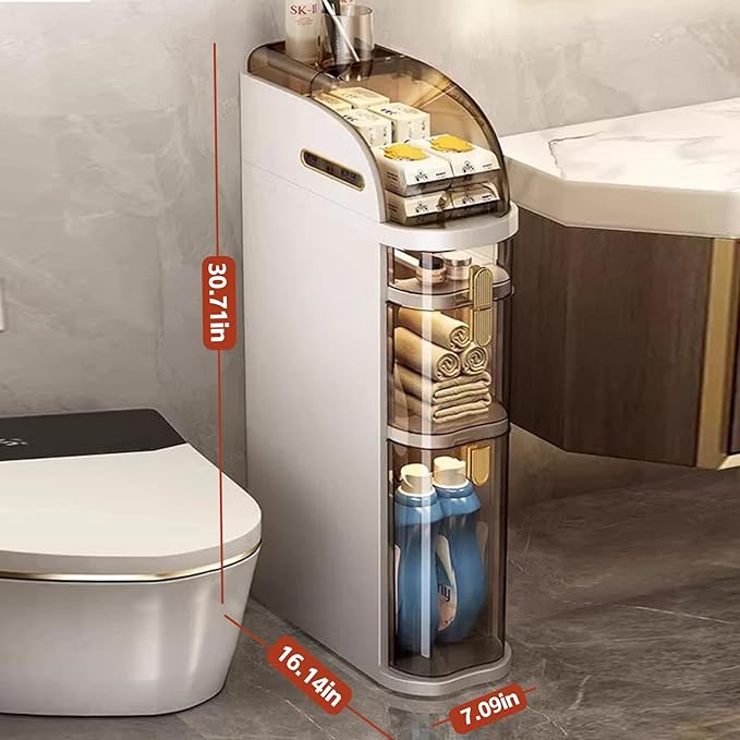 3-Tiers Narrow Bathroom Floor Storage Cabinet 7.1″ Plastic Drawers Organizer with Tissue Box and Wheels Slim Waterproof Bathroom Cabinet for Small Kitchen Laundry Living Room Toilet Gap