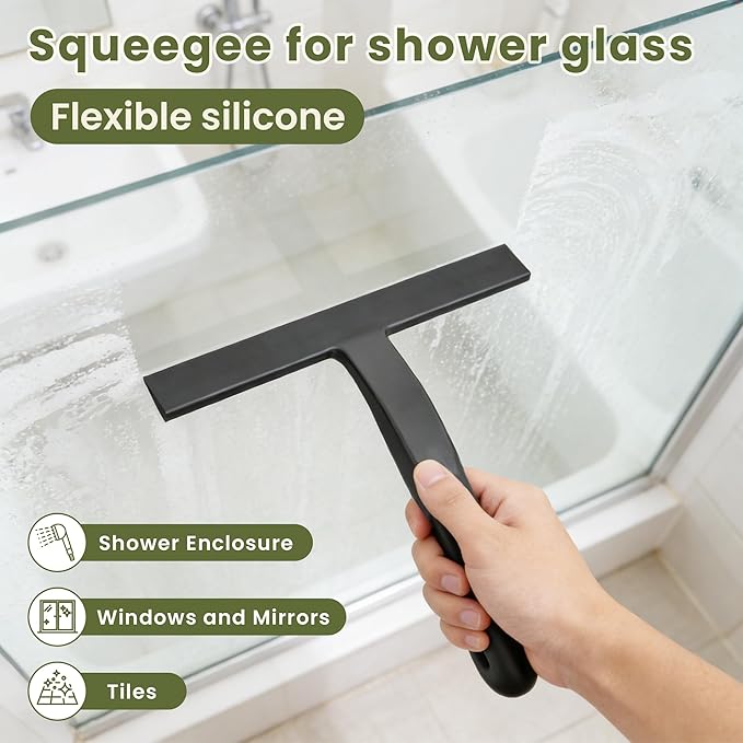 Shower Squeegee for Glass Doors - Ergonomic Round Grip, All-in-One Silicene Design with Built-in Hook Design for Easy Hanging, Efficient for Bathroom, Tile Wall, Car