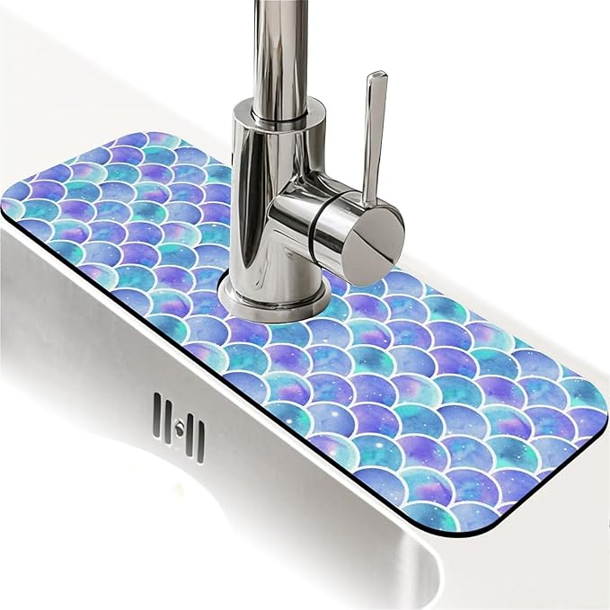 Faucet Draining Mat For Kitchen Sink, Watercolor Rainbow Scales Diatom Mud Absorbent Drain Pad For Bathroom Kitchen Sink Splash Guard Drying Mat