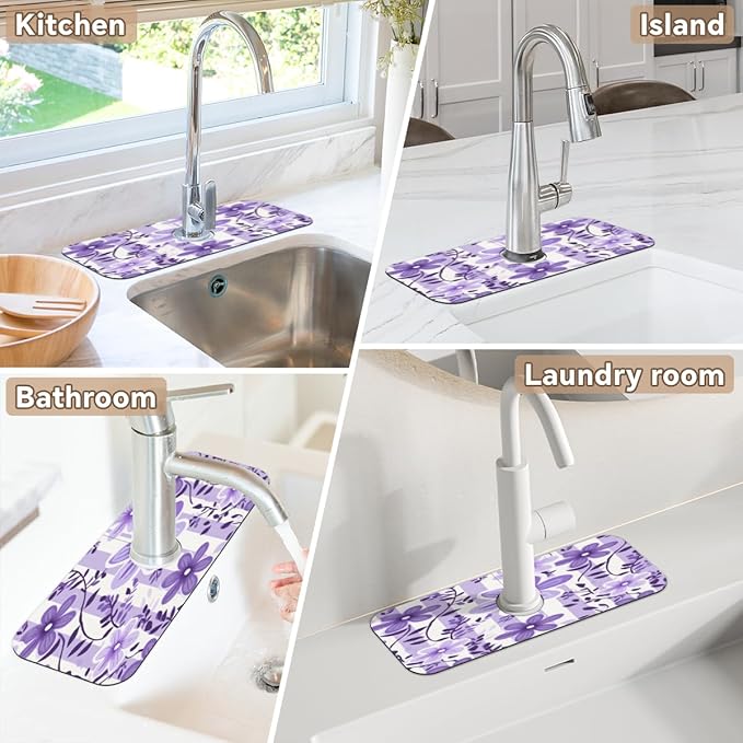 Purple Floral Stripe Kitchen Faucet Mat Splash Guard, 15.4”x5.7” Absorbent Quick Drying Sink Mat for Countertop Protection, Draining Mat Sink Protectors For Kitchen Bathroom, 2 Pack
