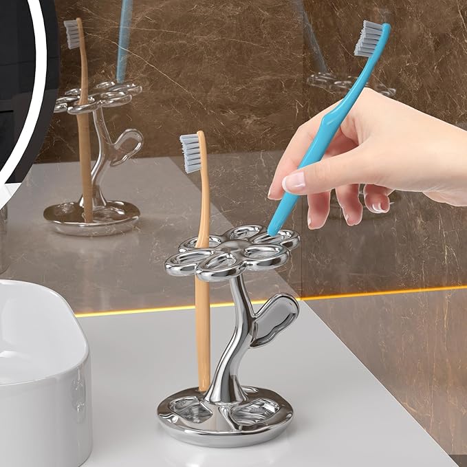 Toothbrush Holder for Bathroom, Flower Shape Ceramic Toothbrush Organiser, Holds 6 Standard Brushes (Silver)