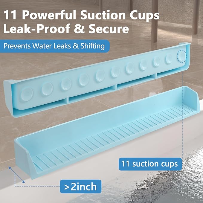 2.6-Ft Bathtub Splash Guard for Tub Kids, Silicone Splash Shield with 11 Suction Cups, Toy Tray Shelf, No Spill Water Barrier, Prevents Mess, Fun Bathtime for Toddlers Baby–Blue