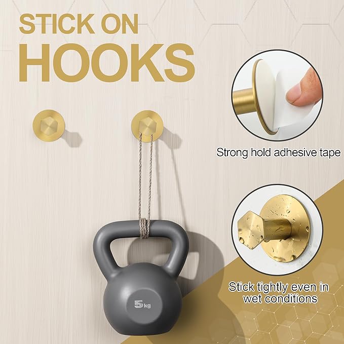 SAYAYO Adhesive Hooks for Hanging Coat, Hat, Robe, Brushes, Stick on Towel Hooks for Bathroom Kitchen, Waterproof SUS304 Stainless Steel Sticky Wall Hooks, No Nails, 4 Pack, Brushed Gold
