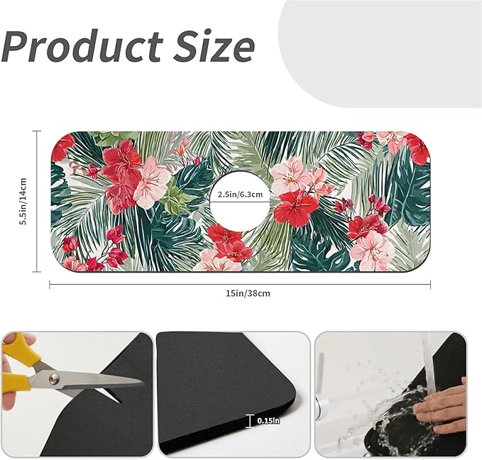 Kitchen Sink Splash Guard，tropical plants Faucet Mat Sink Gadgets-Super Absorbent Fast Drying Mat Drip Catcher for Kitchen, Bathroom,Sink Mat, Dish Drying Mat, Bathroom(15" X 5.5" )