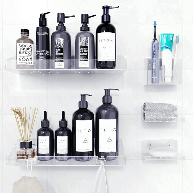 Adhesive Shower Caddy, 5 Pack Acrylic Shower Shelves Bath Organizers With Large Capacity, No Drilling Shelves for Bathroom Storage