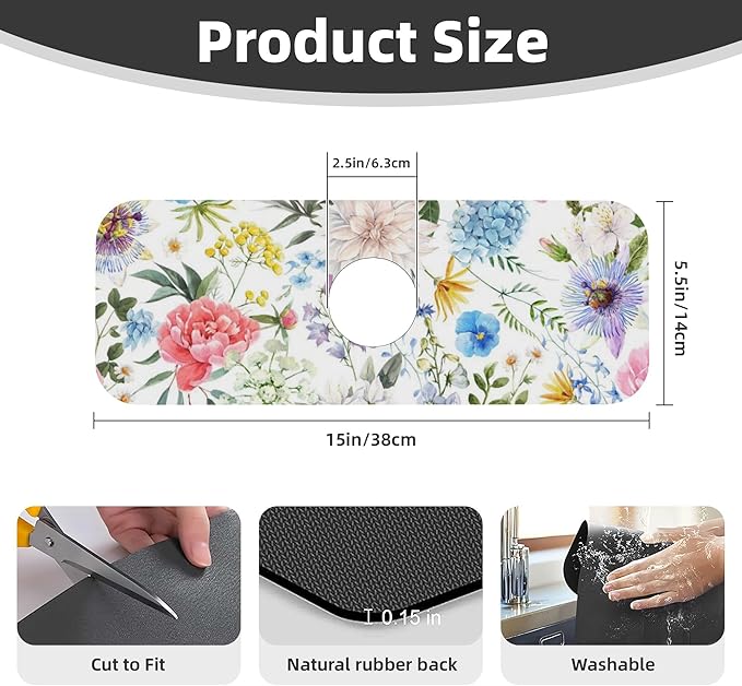 Colorful Flowers Dish Drying Mat for Kitchen Counter, 16"x18" Microfiber Absorbent Fast Dry Mat, 2Pcs Dish Mat Faucet Mats Sets, Large Drying Kitchen Mat Kitchen Drying Pad Coffee Bar Decor Gifts