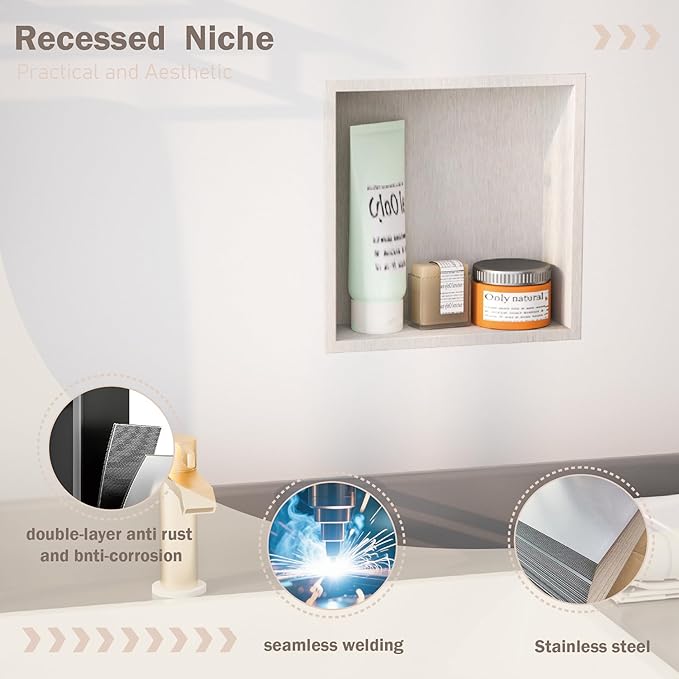 No Tile Needed Shower Niche for Bathroom Storage,Recessed Wall Niche,Shower Shelf,Stainless Steel (Brush, 12 * 12 in)