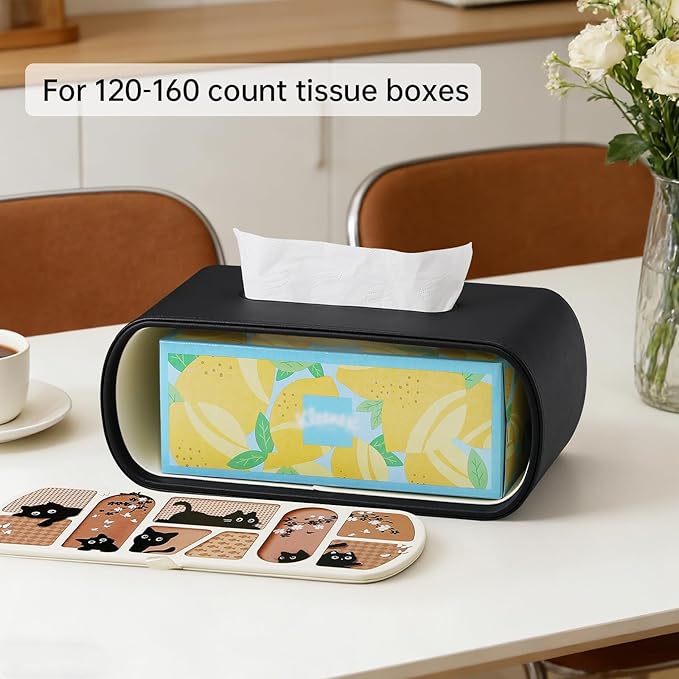 Kitty Cat Tissue Box Cover Rectangle, 4 Inches High Tissue Box Holder for 120(3-Ply)/160(2-Ply) Count Boxes, Stylish Curved Edge Tissue Holder for Bathroom Living Room Car Office (Black)