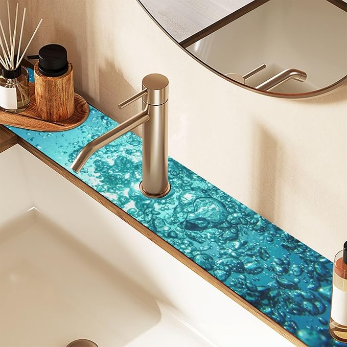 Blue Kitchen Faucet Absorbing Mat Sink Splash Guard Behind Faucet Drip Catcher for Bathroom RV Bar 14.7x5.4in 2PCS Water Bubbles