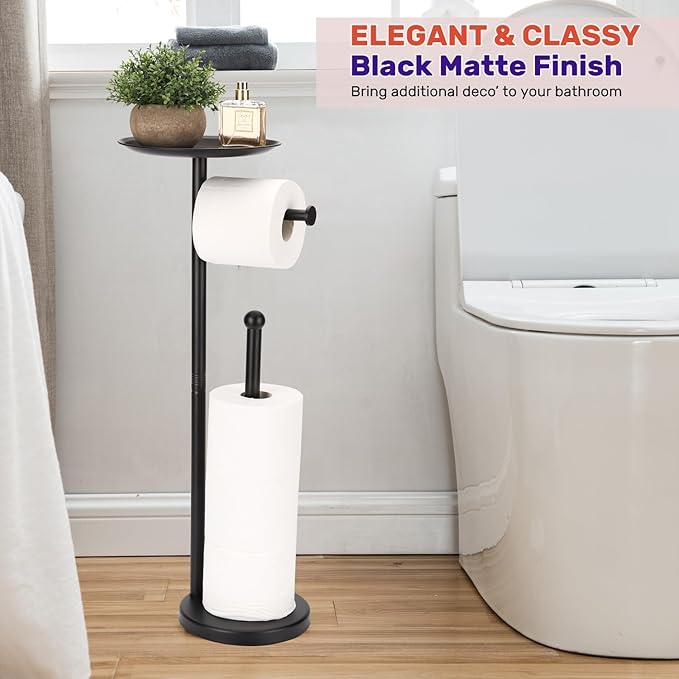 Black Toilet Paper Holder Stand, Freestanding Toilet Paper Holder with Shelf for Small Items, Toilet Paper Stand with Storage Space for 4 Extra Toilet Paper Rolls