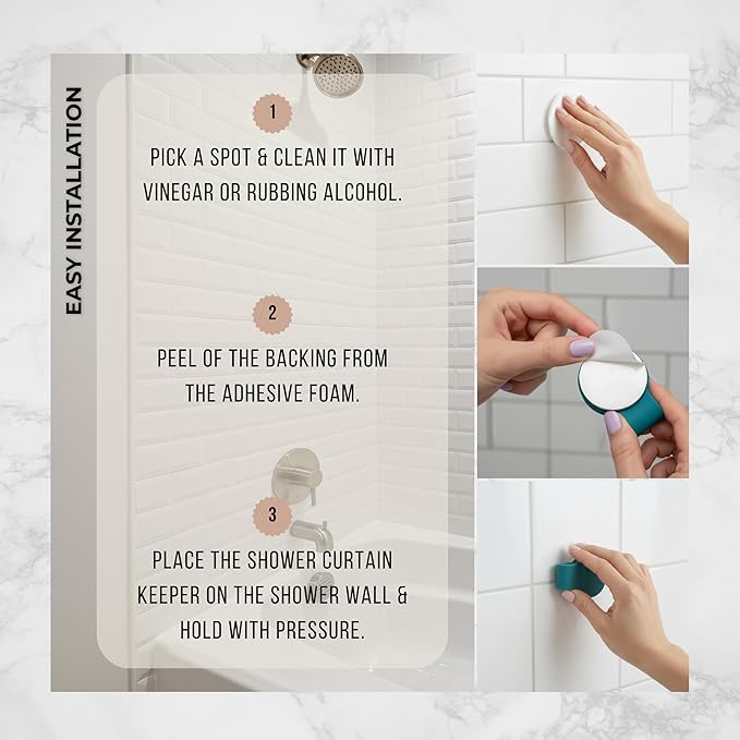 4 Pack Self Adhesive Shower Curtain Clips – Wall Mounted Clips Keep Curtain Closed and Contain Water Inside Shower – Easy Install Bathroom Splash Guards – Shower Accessories (Biscay Bay Blue)