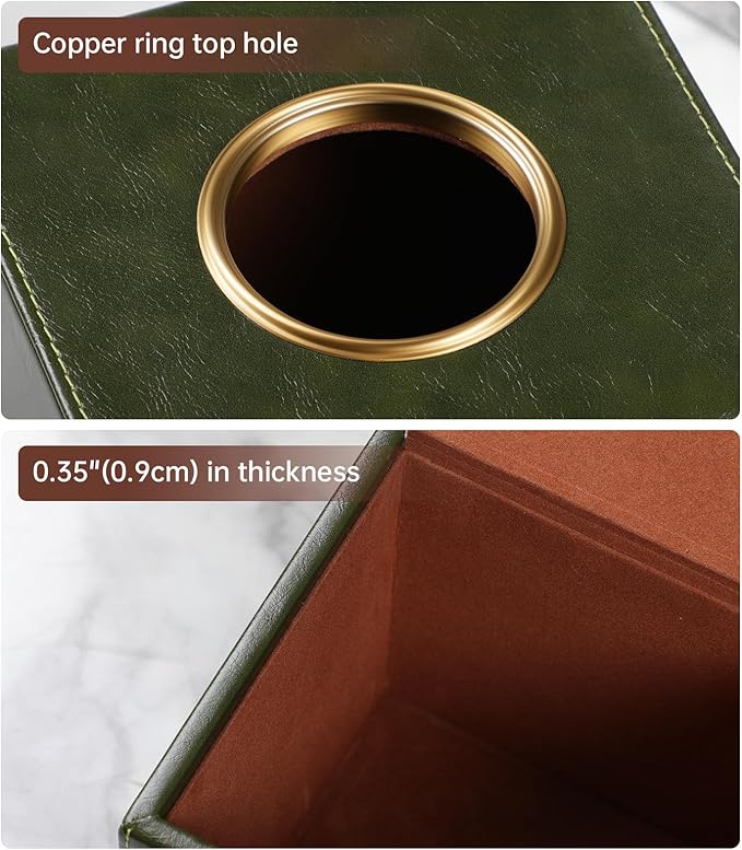 Square Tissue Box Cover, Luxury PU Leather Tissue Holder with Magnetic Closure (Dark Green)
