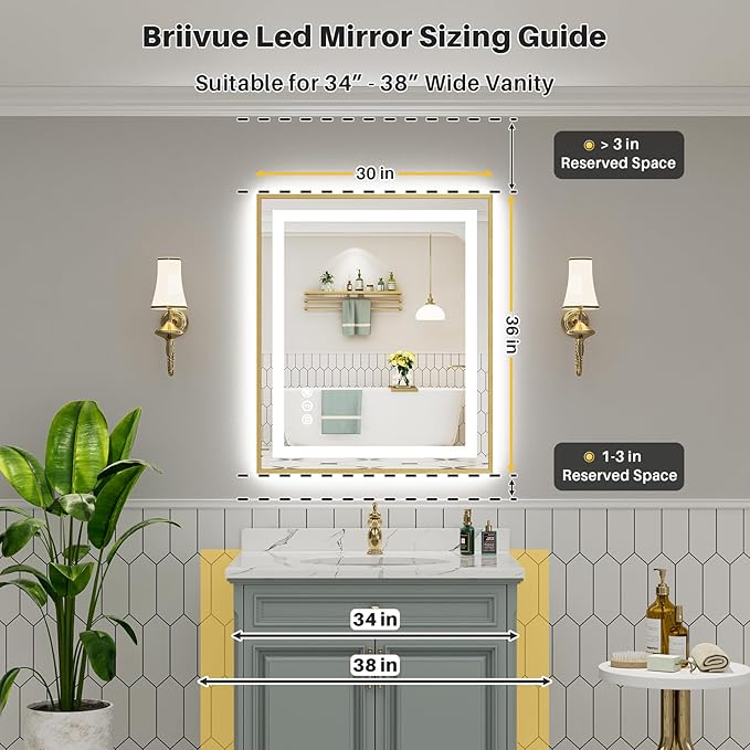 36x30 Inch LED Bathroom Mirror with Gold Frame, Backlit & Front Lit, Anti-Fog Lighted Bathroom Vanity Mirror for Wall, Memory Function, Dimmable, HD Tempered Glass, Shatter-Proof