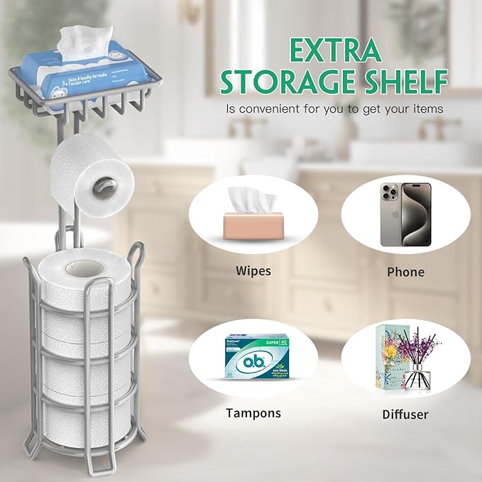 TomCare Toilet Paper Holder Stand with Storage Shelf Tissue Paper Roll Dispenser Free Standing 4 Raised Feet Toilet Paper Storage Metal Bathroom Organizers and Storage