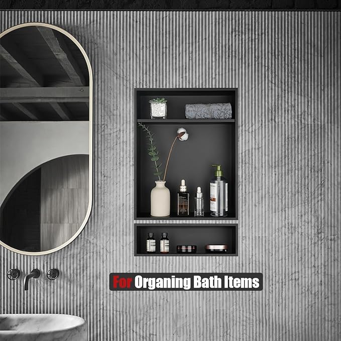 JQK Shower Niche No Tile Need, 18"×14" Matte Black Bathroom Insert Shelf 2 Layer, 304 Stainless Steel Recessed Shower Caddy Organizer Storage, SNL1814D-PB