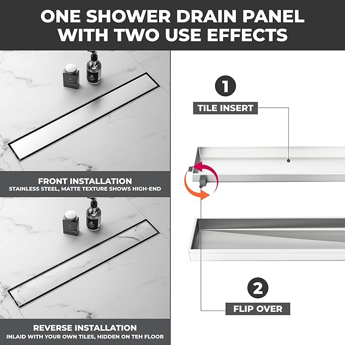 36 Inch Rectangular Linear Shower Drain Set with Reversible Flat & Tile Insert Cover, 304 Stainless Steel Bathroom Floor Drain with Hair Catcher, Shower Floor Drain Includes Adjustable Leveling Feet