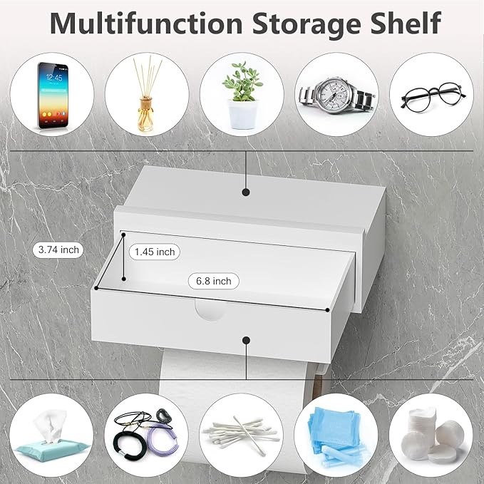 Domax Compact 7.36" Bamboo Toilet Paper Holder with Shelf and Storage Drawer - Wall Mount or Adhesive Bathroom Organizer for Tampons, Small Items, Space-Saving Design, White