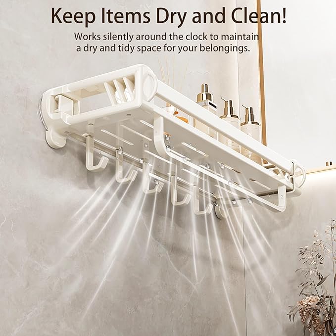 16" Shower Caddy Suction Cup, Concealed Shower Shelves Suction Cup with Hooks & Towel Bar, NO-Drilling Suction Shelf for Bathroom & Kitchen - White