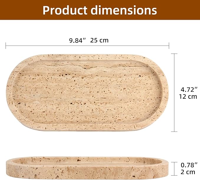 Oval Marble Bathroom Vanity Tray, Natural Luxury Marble Home Kitchen Bathroom Table Tray, Stone Decorative Countertop Serving Trays for Coffee Perfume Jewelry Makeup (Travertine, 10 * 5 * 0.6)