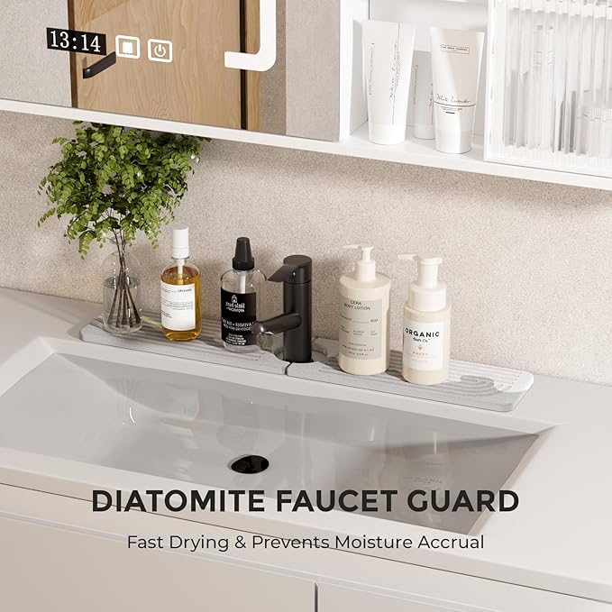 Faucet Mat for Kitchen Sink - 15.8" Super Absorbent Diatomite Stone Sink Tray - Quick Drying Stone Mat for Sink Area Splash Guard - White