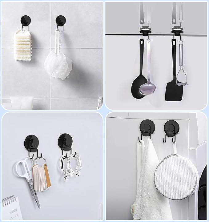 VIS'V Shower Suction Cup Hooks, Heavy Duty, Removable and Reusable, Double Hooks, Black, 2 Pcs