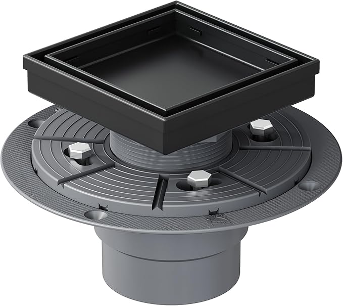 Neodrain 4-Inch Square Shower Drain with Removable Tile Insert Grate, 304 Stainless Steel, Includes Shower Drain Base Hair Strainer, Matte Black