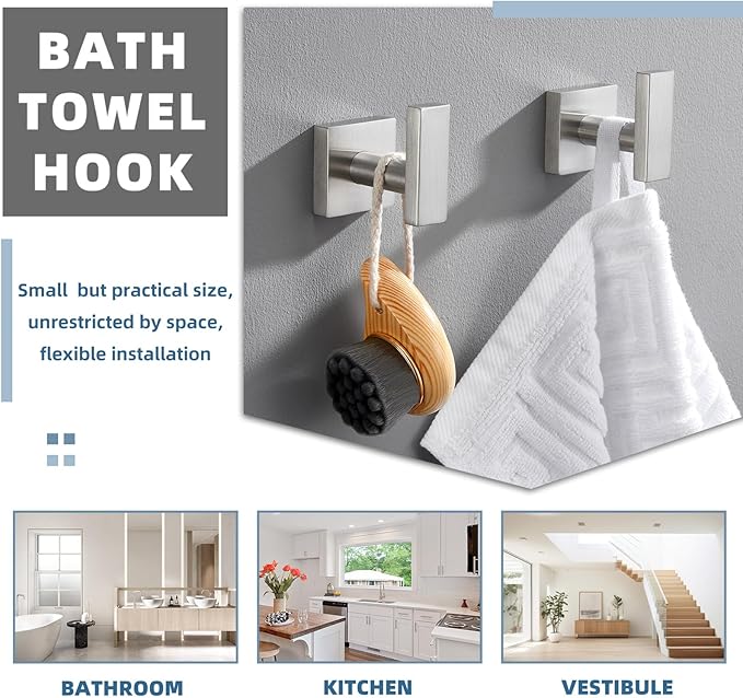 APLusee Brushed Nickel Towel Hook 2 Pack, 304 Stainless Steel Clothes Hook, Wall Mounted
