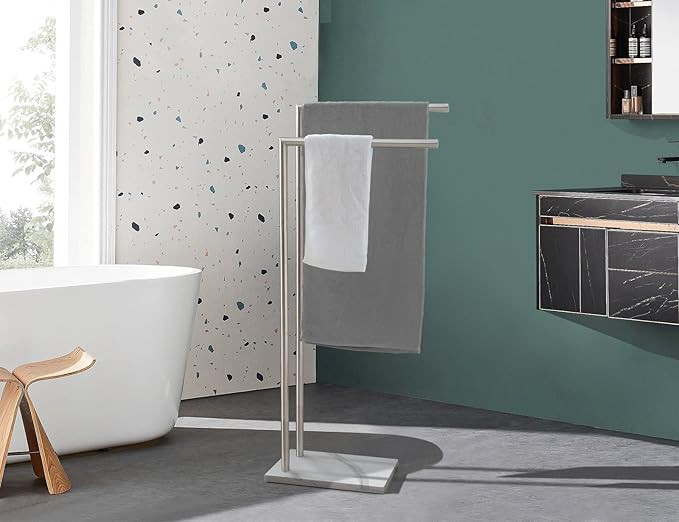 41 Inch Standing Towel Rack Double L Shape Bath Towel Sheet Holder with Marble Base for Bathroom Floor Next to Tub or Shower Towel Stand for Bathroom Floor Stainless Steel Brushed Nickel