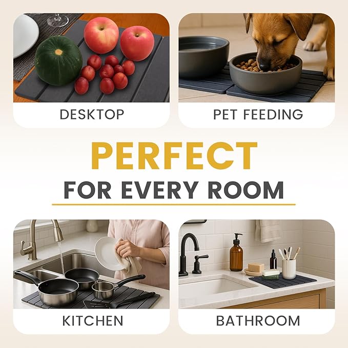 2 Pack Stone Dish Drying Mat Set (12"x16" Each, Gray) for Kitchen Counter - Super Absorbent Quick Dry Diatomaceous Earth Pad, Foldable & Non-Slip for Dishes, Sink, & Bathroom