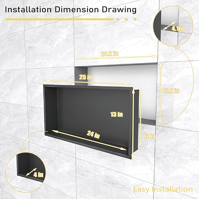 Shower Niche 24"x12"，No Tile Needed，Stainless Steel Niche Bathroom for Shower Wall，Matte Black （ 24 x 12 in）