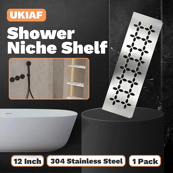 12 Inch Shower Niche Shelf 304 Stainless Steel Rectangular Bathroom Niche Shelf with Brushed Finish and Floral Design Fits Prefabricated Tile Niches 1 Pack