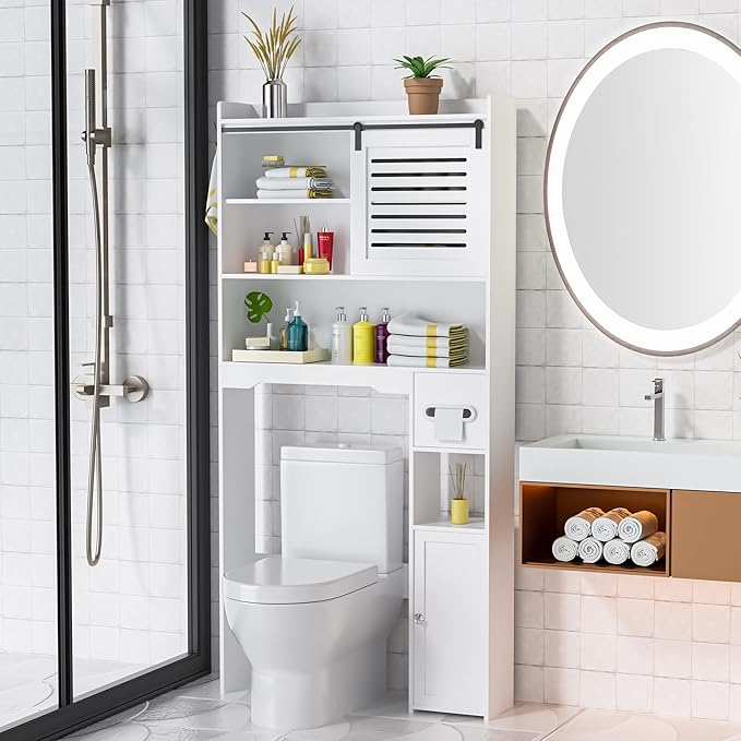 Over The Toilet Storage Cabinet, Bathroom Storage Cabinet Organizer, Above Toilet Rack with Door and Adjustable Shelves, Space Saver for Restroom, Laundry (White Left Side)