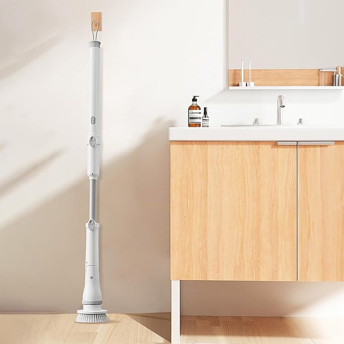 FixtureDisplays® 30-49" Adjustable Electric Spin Scrubber, Cordless Cleaning Brush with Extendable Arm 6 Replaceable Cleaning Heads, Power Shower Scrubber for Bathroom, Tub, Tile, Floor 15757-NF