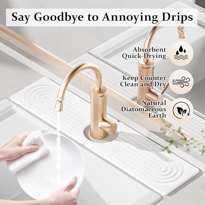 Faucet Mat for Kitchen Sink ，Water Absorbing Stone Tray for Sink，15.7 inches Long Diatomite Fast-Drying Faucet Mat， Faucet Splash Guard for Bathroom Counter
