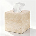 Natural Travertine Marble Tissue Box Holder Cover, Square Cube Tissue Box Holder with Open Bottom for Bathroom Vanity Tops, Bedroom Dressers, Kitchen Countertop, Travertine Beige(NS022)