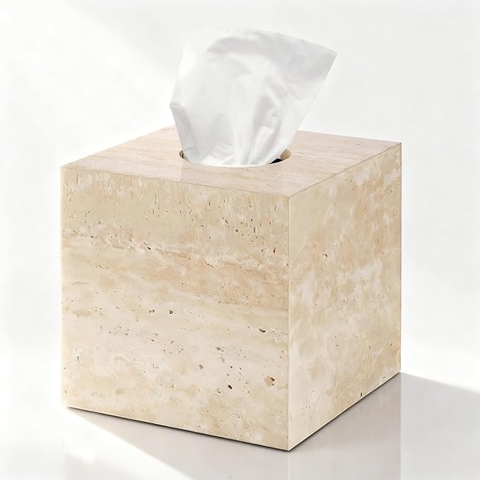 Natural Travertine Marble Tissue Box Holder Cover, Square Cube Tissue Box Holder with Open Bottom for Bathroom Vanity Tops, Bedroom Dressers, Kitchen Countertop, Travertine Beige(NS022)