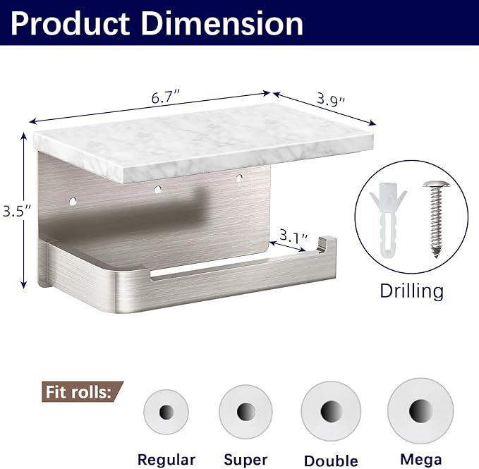 Toilet Paper Holder with Shelf, Extended Base Wall Mounted, Marble Toilet Roll Holder Brushed Nickel for Bathroom Washroom