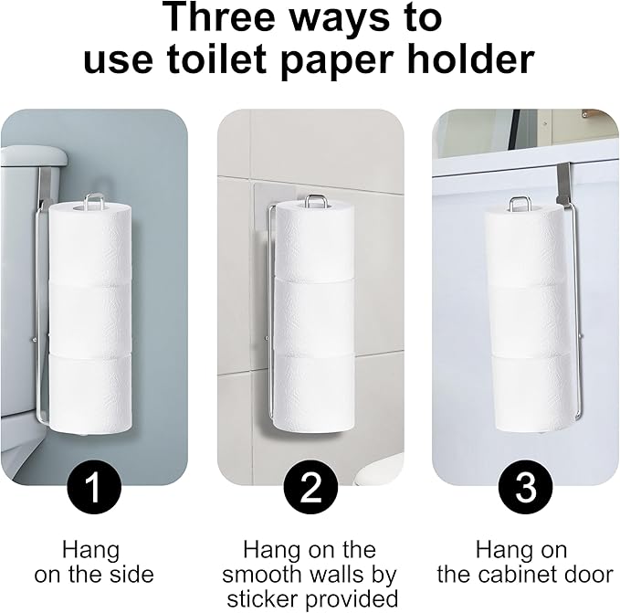 Bathroom Toilet Paper Holder with Storage, Over The Tank Toilet Paper Holder, Toilet Paper Roll Holder for 3 Rolls, Adhesive Tissue Holder for Bathroom, Silver, 2PC