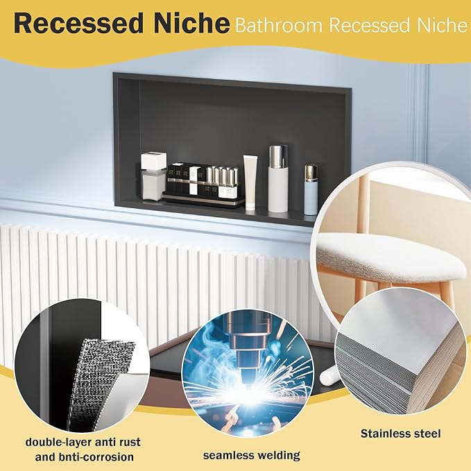 Shower Niche 24"x12"，No Tile Needed，Stainless Steel Niche Bathroom for Shower Wall，Matte Black （ 24 x 12 in）