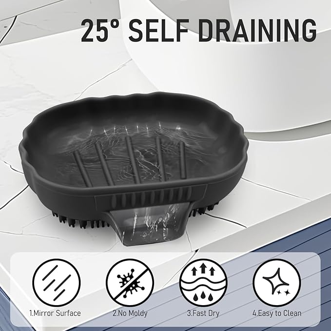 Silicone Soap Dish with Drain 2 Pcs, Anti-Slip Bathroom Bar Soap Holder Dishes Self Draining Waterfall Saver Plate for Shower Sink - Unique Bottom Brush Easy Dry & Clean (Black +Lavender Grey)